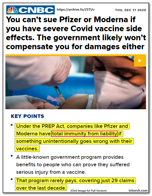 tritorch cnbc you cannot sue pfizer or moderna or the governemnt for vaccine side effects
