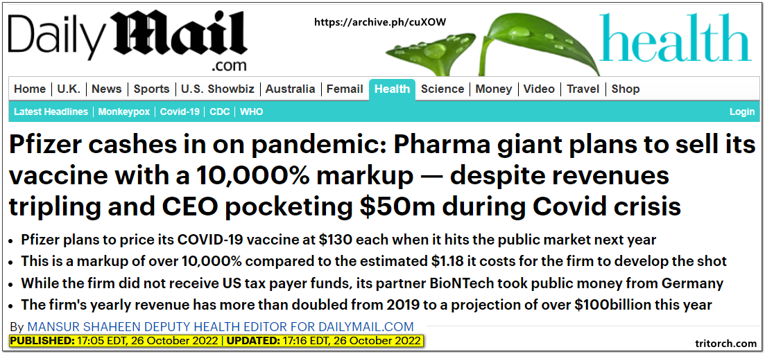 Pfizer To Increase Price Of COVID Vaccine Ten Thousand Percent October 2022
